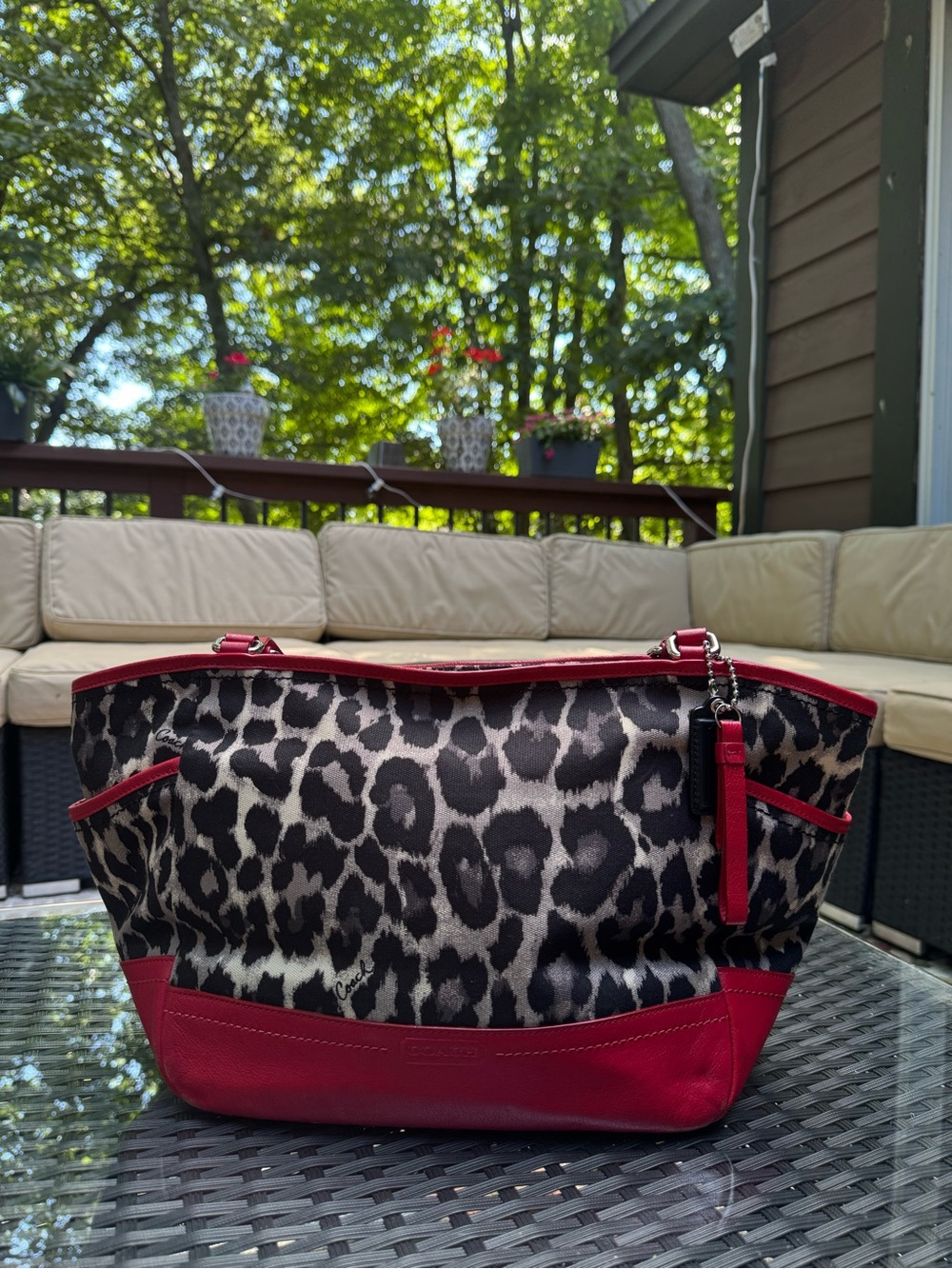 Coach Park Ocelot Leopard Print Canvas Tote Red Leather Shoulder Bag - Picture 1 of 7